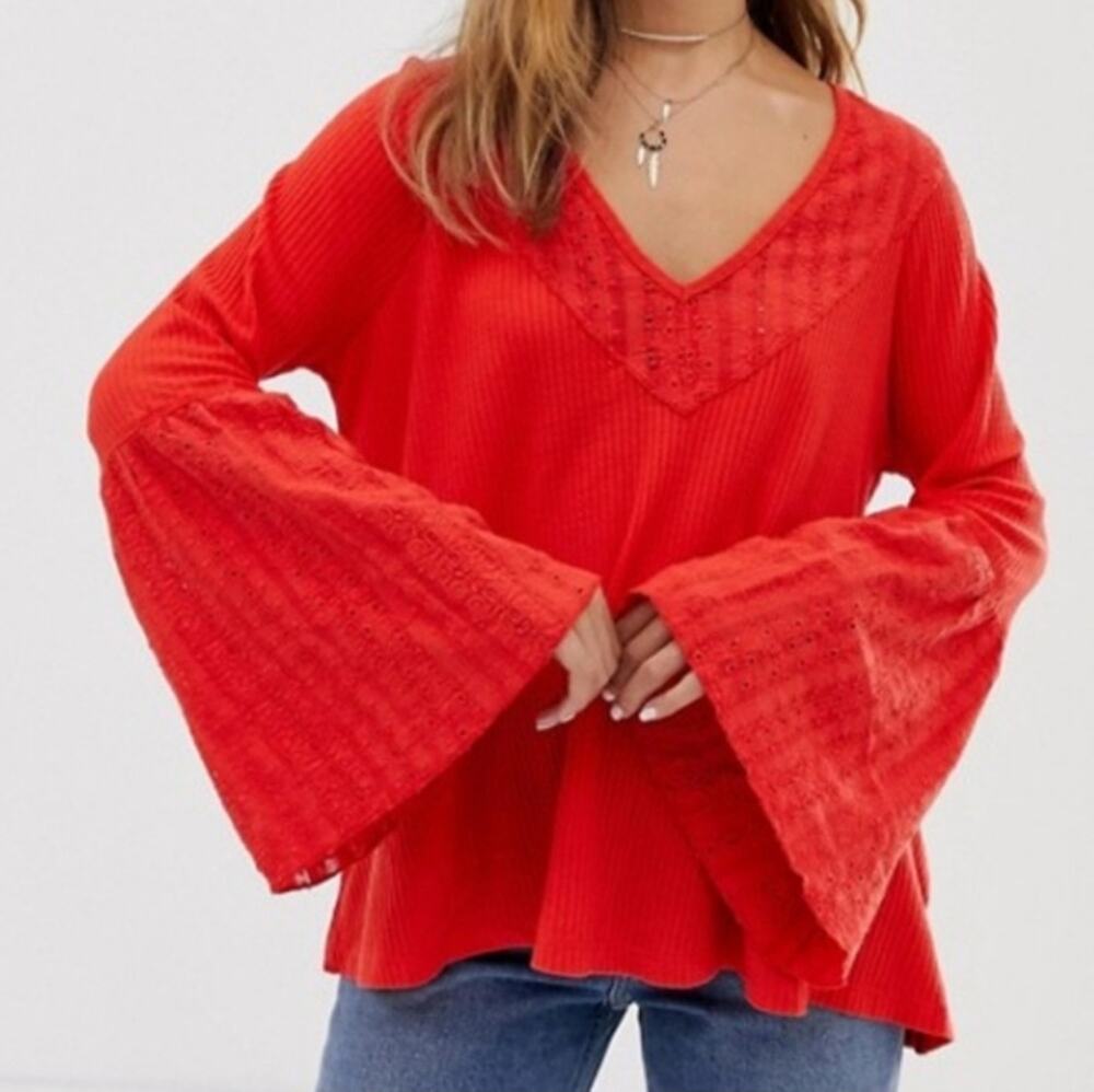Free People Parisian Nights Eyelet V Neck Shirt Size XS
